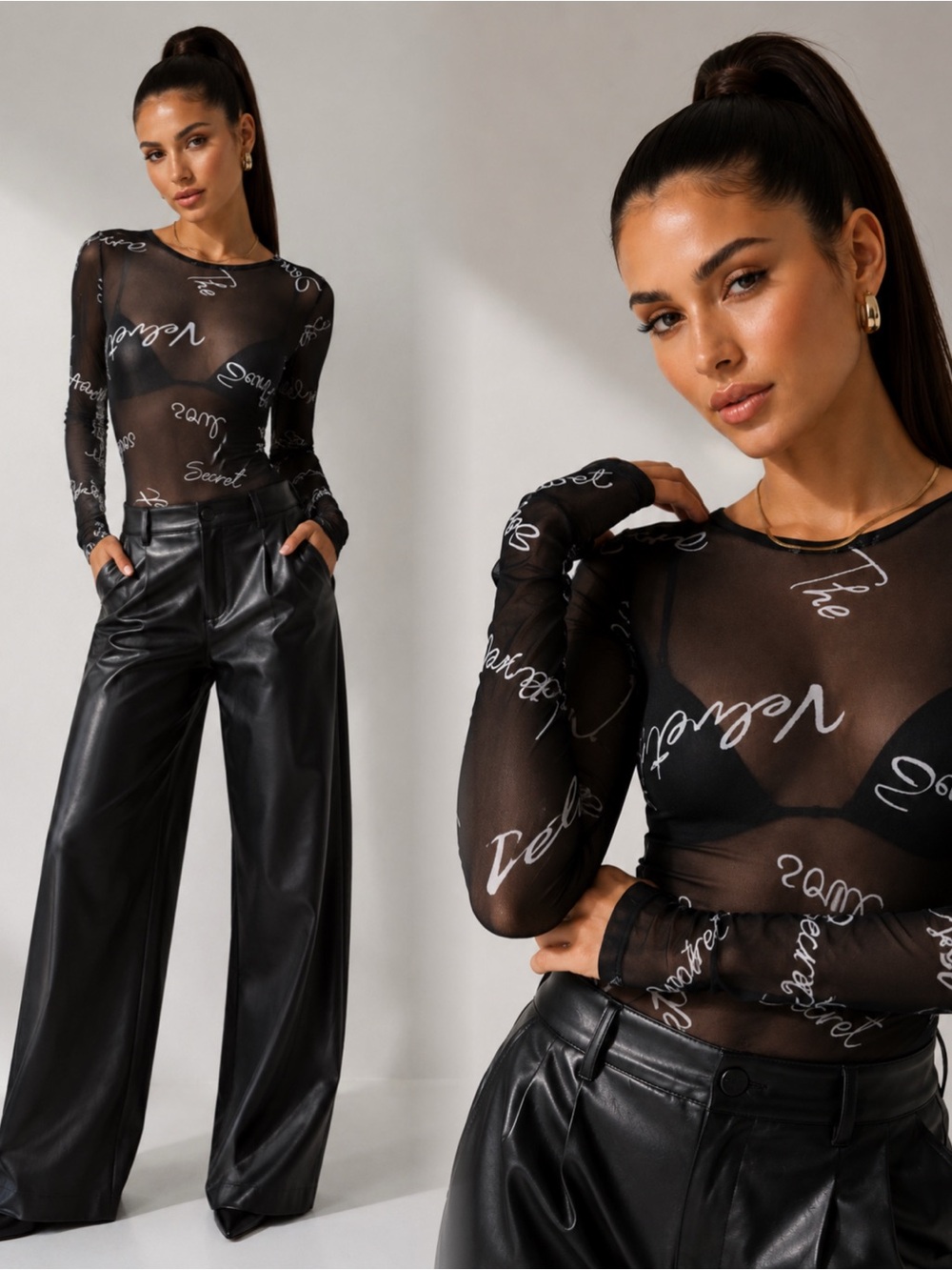 Sheer Script Print Long Sleeve Bodysuit - Black